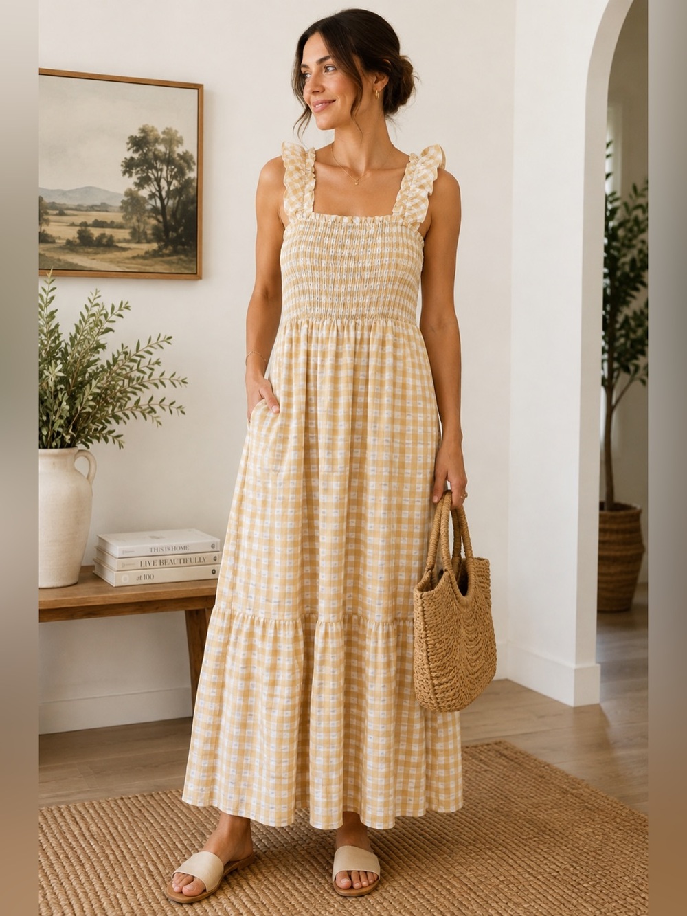 Smocked Square-Neck Maxi Dress in Beige Gingham
